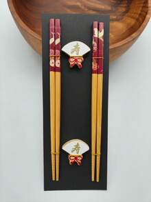 2 Pairs Japanese Natural Bamboo Chopsticks With 2 Bamboo Chopstick Rests Set, Japanese Print Bamboo Chopsticks And Natural Wooden Chopstick Holder - Multicolor - View 35