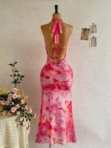 Vestido de mujer sexy y romántico para vacaciones con escote halter, atado, parches, decoración floral metálica y escote pronunciado, adecuado para la playa, cruceros, vacaciones en la ciudad, citas, festivales de música, estilo bohemio - Multicolor - Ver 10