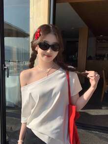 Y2K風格夏季新款純色不對稱單肩短袖女款T恤，寬鬆修身斜肩休閒百搭上衣 白色 - 白色 - 查看 3
