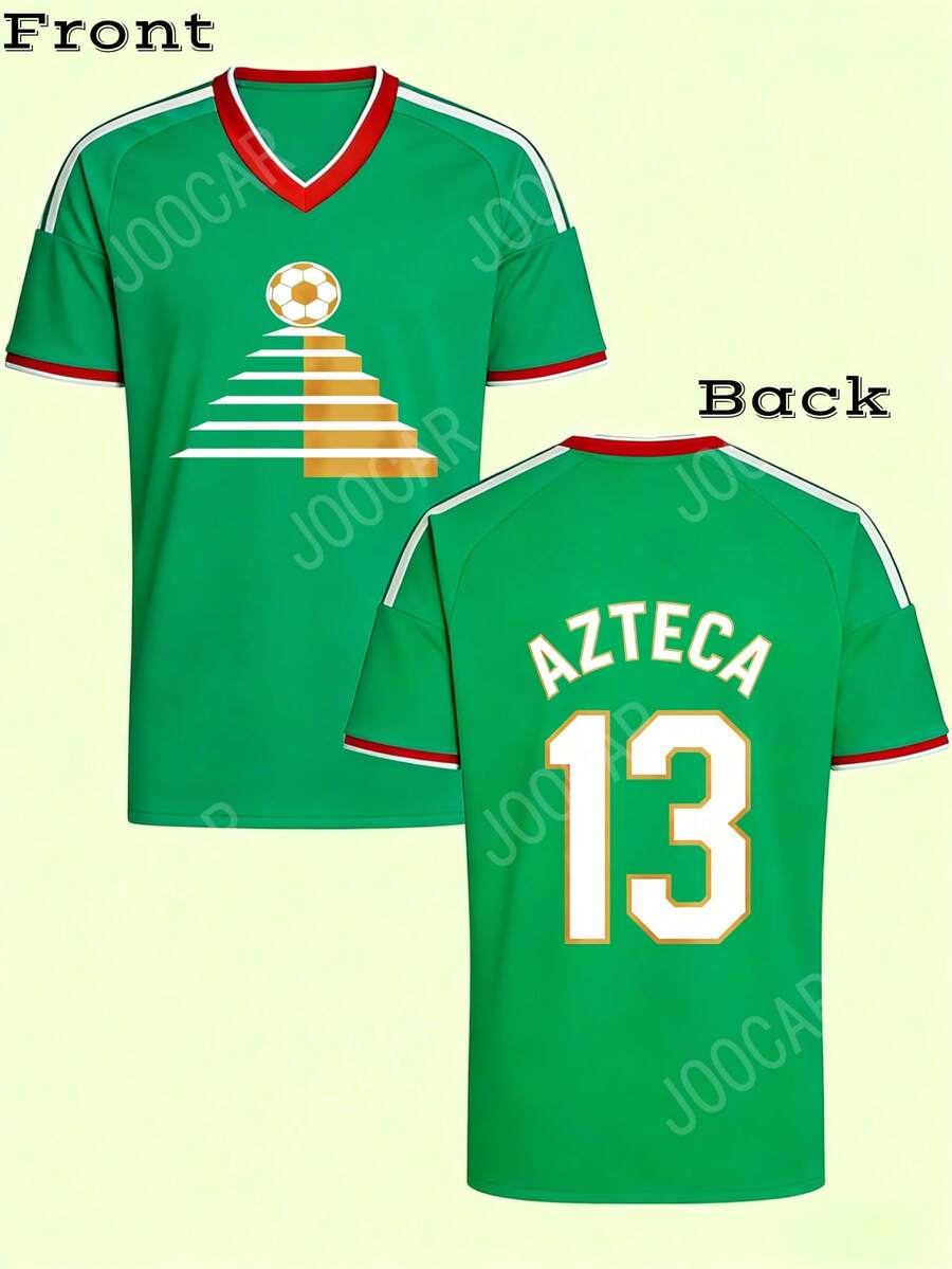Men's Retro Soccer Jersey Azteca Pyramid & Ball Number 13 Green Athletic Vintage Casual Sport Tee - Verde - Ver 1