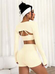 Women's Fashion Casual Super Short Sleeve Shrug, Spaghetti Strap Criss-Cross Back Design Bodysuit & Tight Shorts 3 PiecesActivewear Set Workout Sets Women 3 Piece Long Sleeve Workout Set Three Piece Sport Set Active Three Piece Set 3 Piece Workout Set Workout Set Women - 杏色 - 查看 3