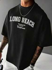 Estudio Simple| Camiseta casual de cuello redondo con estampado de letras para hombre en verano - Negro - Ver 3