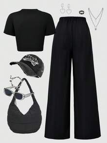 Bộ đồ nữ màu đen phong cách đường phố thường ngày, gồm áo croptop và quần ống rộng in hình môi. - màu đen - Xem 7