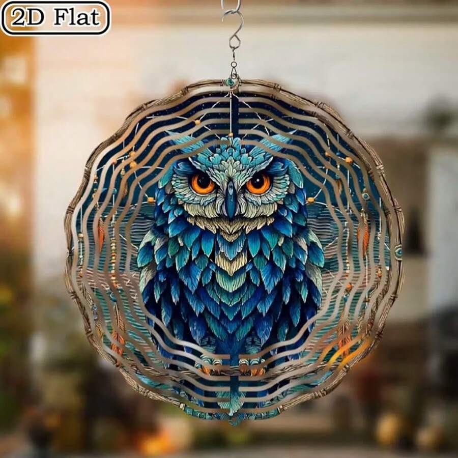 1pc Blue Owl Metal Wind Chime With Dreamcatcher - 10x10 Inch Outdoor/Wind-Activated Melodic Garden Decor, Weather-Resistant Iron Owl Wind Chime, Suitable For Patio, Porch, Wedding, Halloween, Easter, Christmas Decoration - 360 Degree Installation, 2D Flat Design - Owl - View 1
