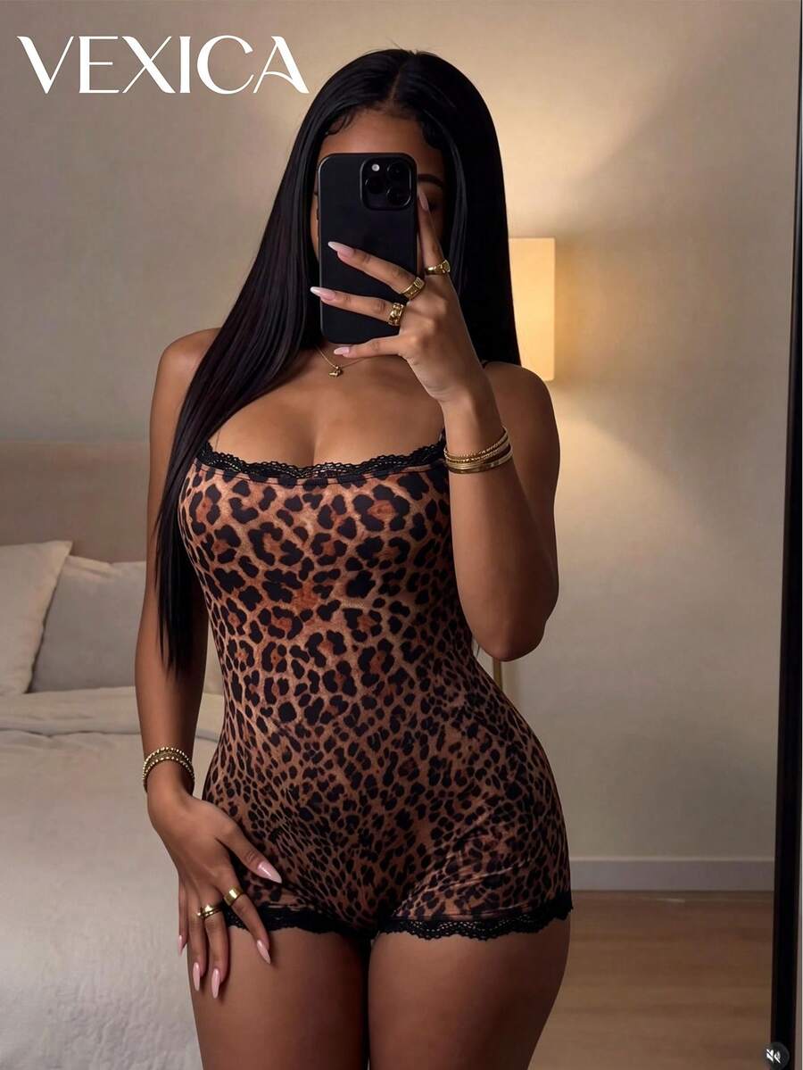 Bộ jumpsuit hai dây họa tiết da báo gợi cảm, thanh lịch dành cho nữ của Vexica, kiểu dáng không tay, phối ren, thích hợp cho cả những buổi tối đi chơi và mặc hàng ngày. - Nhiều màu - Xem 1
