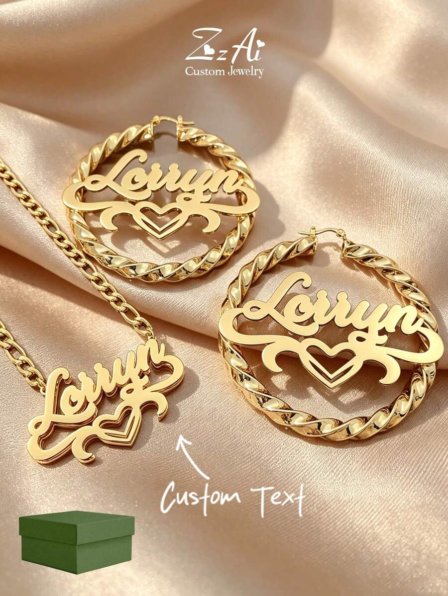 Juego de joyas de acero inoxidable personalizado de 5 cm, que incluye collar, pulsera, aretes, adecuado para diferentes ocasiones, serie de regalos talla grande vendidos con caja de regalo - Estilo 4 - Ver 1
