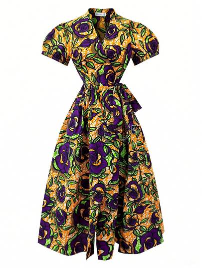 African Batik Floral Print Wrap Waist Dress For Women