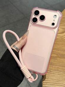 Luxury Pink Screen Protection Airbag Corners Integrated Lens Protection Matte Transparent Shock-Proof Protective Case, Compatible With IPhone 17 Pro Max, 17 Pro, 17, 16 Pro Max, 15, 14, 13, 12 Pro Max, 11, Anti-Drop Back Cover Spring - Translucent Powder + Short Rope - View 3