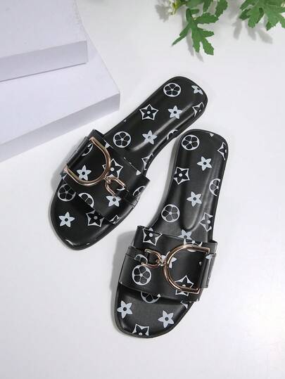 女士印花凉拖鞋，金属搭扣装饰平底拖鞋，休闲露趾沙滩度假凉鞋，时尚D形环平底拖鞋，适合室内/室外穿着，夏季沙滩刺绣拖鞋