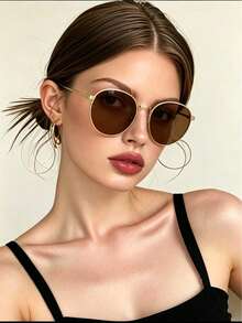 2pcs Summer Fashion Eyeglasses Set, Retro Oval Metal Frame Decorative Glasses, Unisex Street Style Casual Commute Accessory - 2 Round Gray-brown Pieces - View 5