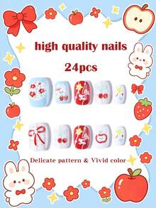 24pcs Short Oval Fake Nails, Cute Rabbit, Bow, Strawberry, Small Flower Pattern Design, Perfect Fit Nail Art Set, Ideal For Creating Gentle And Adorable Looks For Children And Girls - Multicolor - View 2