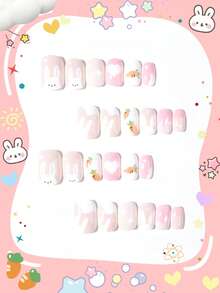 24pcs Short Oval Fake Nail Stickers, Cute Rabbit & Carrot Pattern Design, Perfectly Fitting Nail Art Decals, Suitable For Children And Girls For Daily Life And Parties - Multicolor - View 2