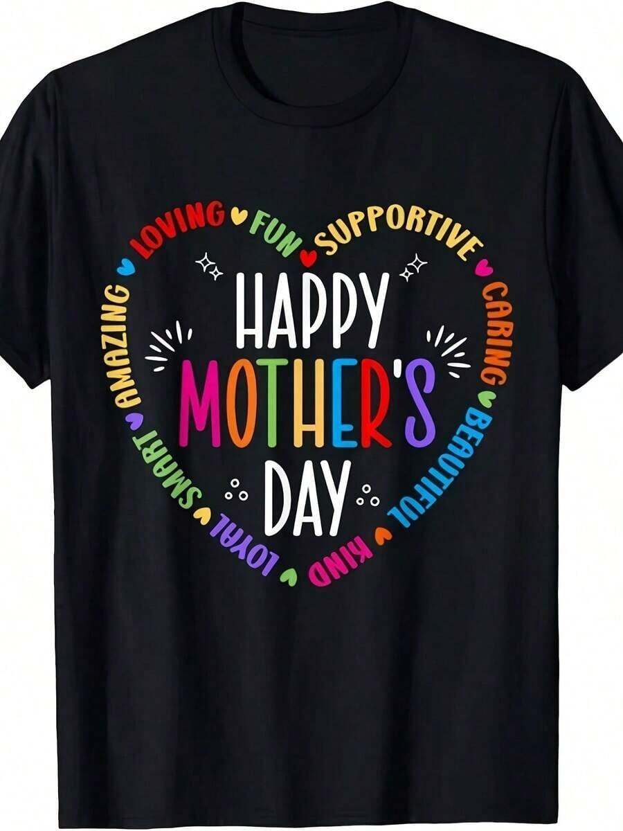 3 Camisetas para el Día de la Madre - Unisex para Adultos, Negras, 220 g/², Algodón Grueso, Diseño Retro con Corazón y Multicolor para el Día de la Madre, con Letras de Feliz Día de la Madre, Sentimientos Divertidos y Recortes de Corazón - Cuello Redondo, Cómodas para Todas las Temporadas, Regalo Casual para Mujeres y Hombres (Madre, Abuela) - Lavables aáquina - Estampado Vibrante en Forma de Corazón con Texto Colorido y Gráficos Divertidos - para Celebraciones del Día de la Madre|Moda Urbana Local de Primavera/Verano||Uso Casual Diario Primavera Verano Moderno Moldeador|Conjunto de verano para mujer, ropa para vacaciones|Blusas elegantes para mujer, ropa de primavera, blusas de verano. - Negro - Ver 1