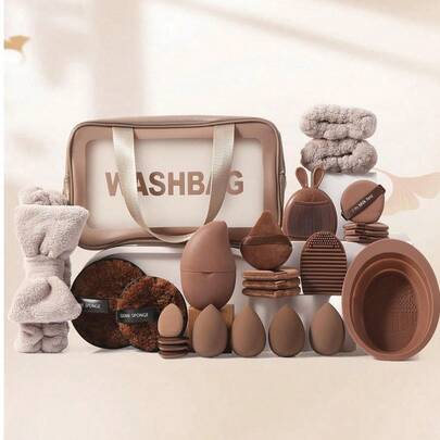 26PCS Makeup Tools Set Including:1pc Multi-Functional Zipper Toiletry And Cosmetic Bag Waterproof+1pc Hairband+2PCS Hand Bowl Strap+2PCS Facial Cleansing Sponges+4PCS Makeup Sponges+4PCS Mini Air Cushion Powder Puffs+4PCS Triangle Powder Puffs+4PCS Air Cushion Powder Puff+2PCS Makeup Brush Cleaning Tools+1pc Facial Ice Compress+1pc Silicone Face Washing Tool
