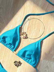 Traje de baño de estilo playero para mujer 2026, conjunto de bikini sexy con escote halter rojo brillante, de 2 piezas con lazos laterales, adecuado para vacaciones de verano de la mujer - azul real - Ver 3