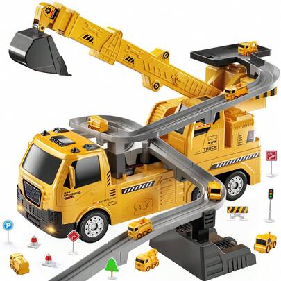 2-In-1 Crane Excavator Toy Race Track Set, Toy Truck With Lights & Sounds, Construction Vehicle, Gift For Boys On Birthday, Christmas, Easter
