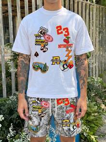 Bộ đồ nam mùa hè FRACTYR phong cách đường phố Mỹ cổ điển, in hình graffiti 23 Racing, gồm áo thun cổ tròn tay ngắn và quần short cạp chun, thoải mái và thoáng khí, thích hợp cho mùa hè. - trắng - Xem 2