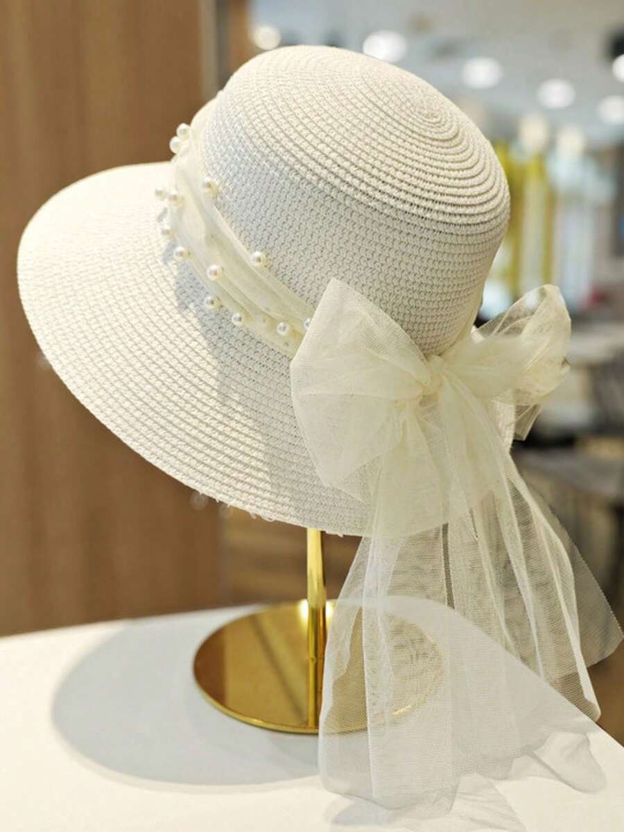 Women's Summer Wide Brim Lace Bow Pearl Straw Hat, Face Slimming Fisherman Hat, Sun Protection And Breathable Sun Hat - Milky White - View 1