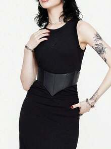 1pc Women's Dark Gothic Style Elastic Waist Cincher Belt, PU Leather Demon Bat Decor, Suitable Halloween Party - 黑色 - 查看 2