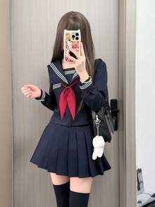 2026 年新作 オリジナル日系 JK セーラー服 三本ライン関西襟 校供感 水玉リボン付き 上下 2 点セット レディース  キュート  カジュアル  パーティー    タッセル - 紺色の長袖トップス+赤いネクタイ+紺色のスカート - チェックする 15