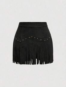 Falda A-Line de ante negro con remaches y flecos estilo hippie vintage para mujer, falda de otoño, atuendos de Nashville, falda de pirata - Negro - Ver 5