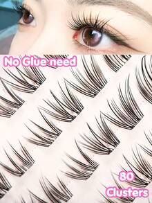 80pcs Glue-Free Fox Eye Cluster Lashes, Korean & Japanese Style - Elongated Lash At Outer Corner, C-Curl, 8-11mm Length, Natural & Voluminous Lashes, No Glue Needed For Direct Wear, Time-Saving, Glamorous Eyes, DIY-Friendly For Beginners, Glue-Free Eyelashes - C - View 6