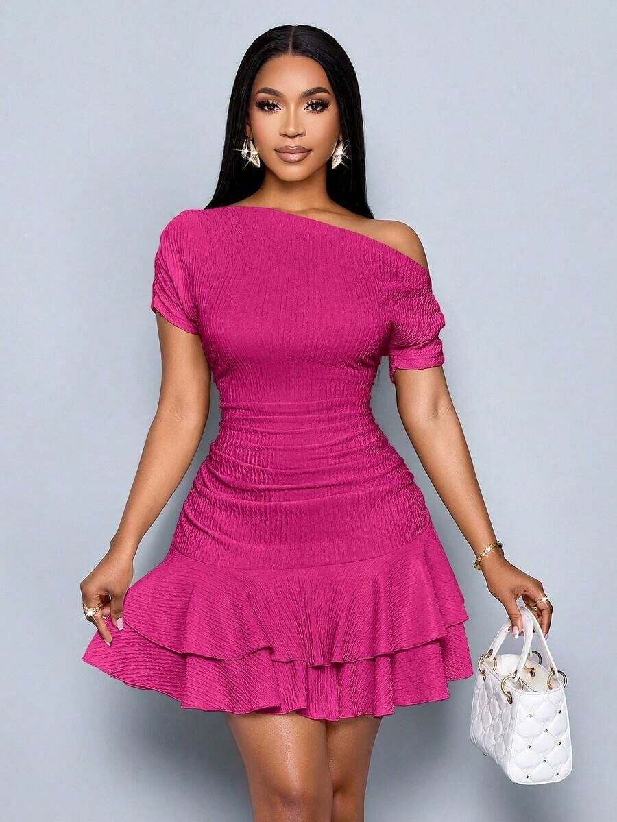 Vestido mini elegante de fiesta y día con cuello asimétrico, mangas largas, recogido y doble volante, de punto color albaricoque para mujer - Rosa Fucsia - Ver 1