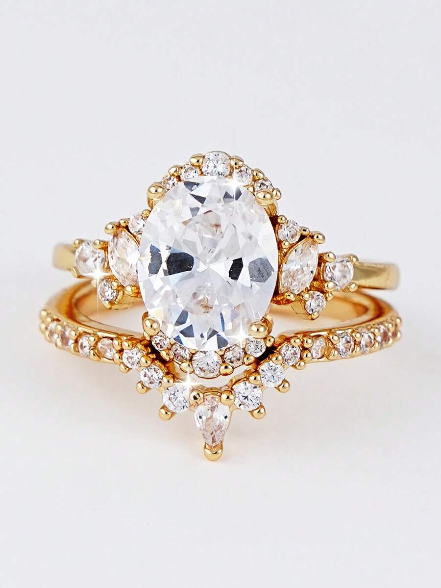 2pcs Elegant Sparkling Cubic Zirconia Stackable Ring Set, Suitable For Women's Dates, Parties, Gatherings, Perfect Gift - Yellow Gold - View 1