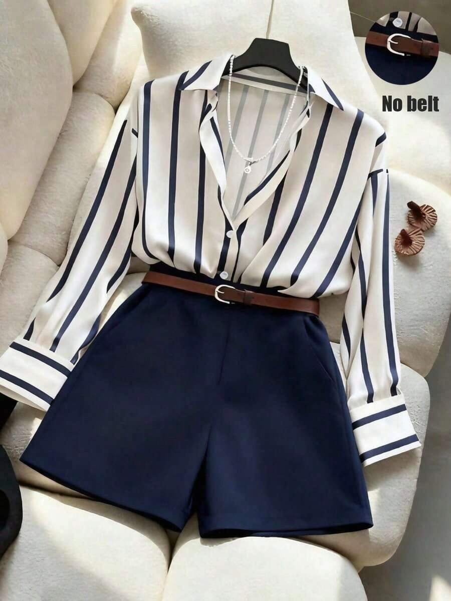 Conjunto de camisa holgada con rayas y pantalones cortos de talle alto en azul marino, conjunto de vestir minimalista y elegante para primavera/verano - Multicolor - Ver 1