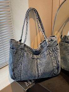 1 chiếc túi tote nữ kiểu dáng thường ngày, đeo một bên vai, chất liệu denim canvas, dung tích lớn, màu trơn, thiết kế nhiều ngăn, thời trang và đa năng, thích hợp cho các hoạt động ngoài trời, mua sắm, đi làm. - Xanh đậm - Xem 10