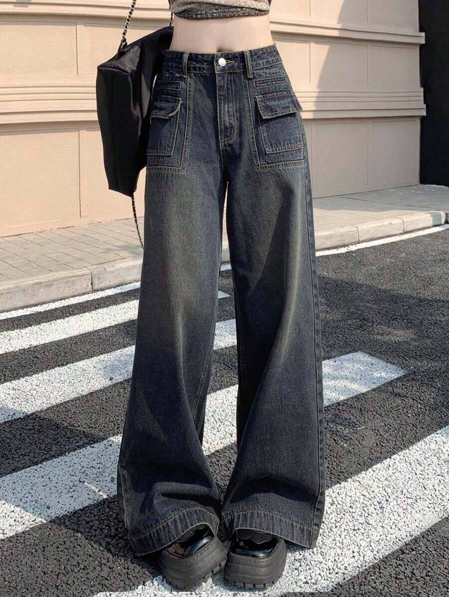 Pantalones Largos Vaqueros Mujer Azul Oscuro Desgastado Degradado, Corte Ancho Palazzo Holgado, Diseño Bolsillos Delanteros Con Solapa, Cintura Alta, Tejido Denim Suave Elástico, Estilo Streetwear Minimalista Ideal Para Outfits Diarios Otoño Invierno - Azul lavado medio - Ver 1