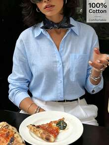 NOVELLE 女款藍色長袖襯衫，舒適透氣休閒寬鬆版型上衣，優雅通勤度假風 - 藍色 - 查看 5