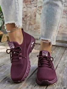 Women's Breathable Knit Walking Sneakers, Lace-Up Lightweight Running Shoes, Suitable For Sports And Gyms - Màu tím - Xem 3