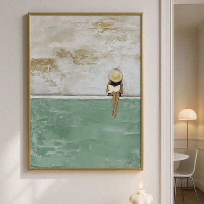 1 pieza Póster de lienzo verde con arte abstracto de una chica leyendo un libro en estilo bohemio, impresión de arte de pared de playa de verano, decoración de rincón de lectura, pintura minimalista enrollable adecuada para apartamento, sala de estar, dormitorio, decoración del hogar moderna