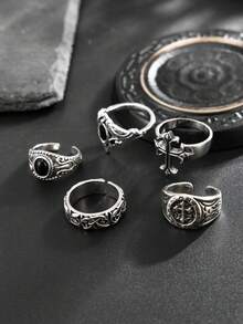5pcs Vintage Gothic Geometric Metal Ring Set, Punk Cross Rings, Black Faux Gem Adjustable Rings, Ideal Holiday Gift For Men, Charming Jewelry - Antique Silver - View 3