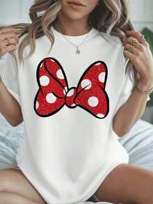 Camiseta de lunares rojos con lazo para mujer, algodón de 220 g, informal, de verano, cuello redondo y manga corta (1 pieza) - Blanco - Ver 7