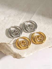 1pair Exquisite Stainless Steel Spiral Hoop Earrings Unusual Anti Allergic Waterproof Metal Silver Gold Color Jewelry Party Gift Mosquito Coil Shaped Circle Accessories Couple Jewelry - Earrings - View 2