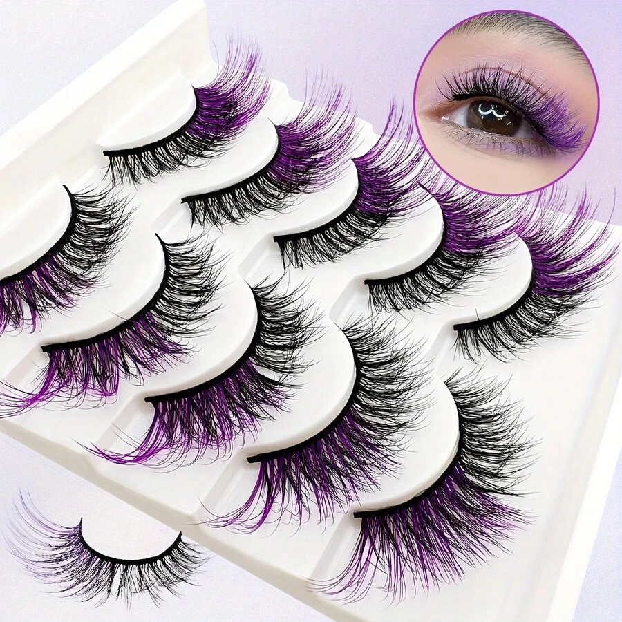 5 Pairs Of Colorful False Eyelashes, Fluffy And Thick, With Purple Tips, Elongated, Naturally Slender And Soft, Faux Mink False Eyelashes - 彩色睫毛 - 查看 1