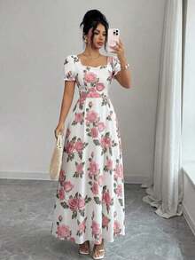 Elenzya Women's Floral Rose Print Square Neck Cinched Waist A-Line Puff Sleeve Elegant Everyday Vacation Commute Fashion Valentine's Day Date French Street Retro Versatile Party White Base Red Rose Print Early Spring/Spring Summer Short Sleeve New Mid-Length Dress - 粉色 - 查看 10