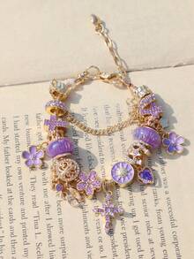 1 pieza Pulsera con dije de flor de jardín púrpura, 1 pieza Pulsera con corazón de flor de cerezo púrpura, Pulsera de cruz solar de cuento de hadas DIY - Dorado - Ver 7