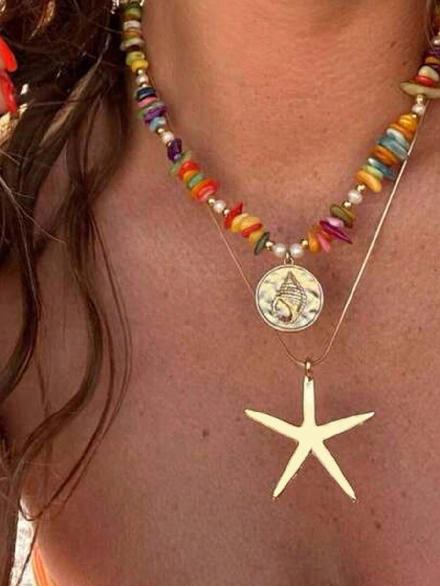 2pcs Bohemian Style Summer Beach Colorful Stone, Starfish, Shell Necklace, Jewelry For Women, Suitable For Street, Party, Beach Accessories - Starfish - View 1