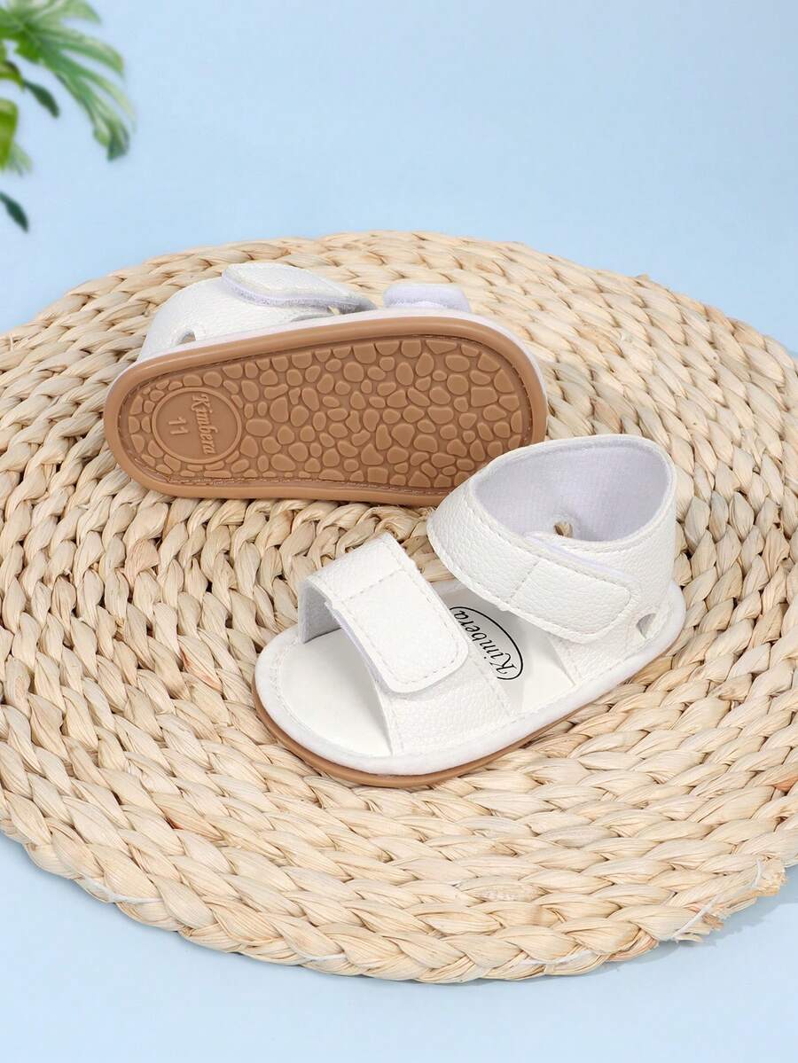 1 đôi dép xăng đan đế bằng bằng da PU màu trơn dành cho bé trai, thiết kế khóa dán, chống trượt, phù hợp cho bé từ 0-15 tháng tuổi, mùa xuân/hè. - trắng - Xem 1