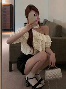 French Elegant Ruffle Asymmetrical Shoulder Short Sleeve Chiffon Top, Unique Design Summer Top For Women White - White - View 3