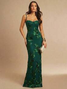 X GALILEA  3D Floral Sexy Slim Brown Suspender Dress Autumn Wedding Guest Dress Women Slim Maxi Dress Evening Dress Female Spaghetti Strap Cocktail Dress, Elegant Formal Dress Suitable For Nightclub, Party, Christmas Big Sexy Backless Tight Maxi Fishtail Dress, Suitable For Autumn Party Romantic Date - 墨綠色 - 查看 12