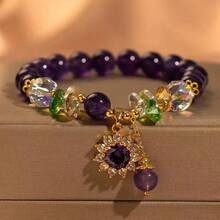 1pc Women's Luxury Natural Amethyst Beaded Bracelet, Colorful Crystal & Zirconia Sun Flower Pendant, Unique High-End Charm Bracelet, European & American Ins Style Versatile Accessory - Multicolor - View 4