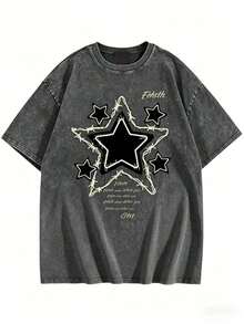 Y2K Star Pattern T-Shirt, Oversized Grunge Casual Top, Gold Embroidery, Dark Washed Cotton T-Shirt, Gothic Aesthetic, Loose Fit, Suitable For Summer, Summer Clothing| Oversized T-Shirt| Knitted Texture - Comfortable Cotton Vintage Street Style Washed T-Shirt Top - 灰色 - 查看 1