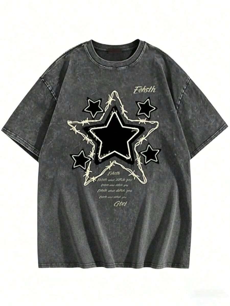 Y2K Star Pattern T-Shirt, Oversized Grunge Casual Top, Gold Embroidery, Dark Washed Cotton T-Shirt, Gothic Aesthetic, Loose Fit, Suitable For Summer, Summer Clothing| Oversized T-Shirt| Knitted Texture - Comfortable Cotton Vintage Street Style Washed T-Shirt Top - 灰色 - 查看 1