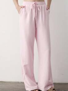 Women Linen Blend High Waist Drawstring Wide Leg Pants Casual Summer Loose Fit Trousers - Pink - View 1