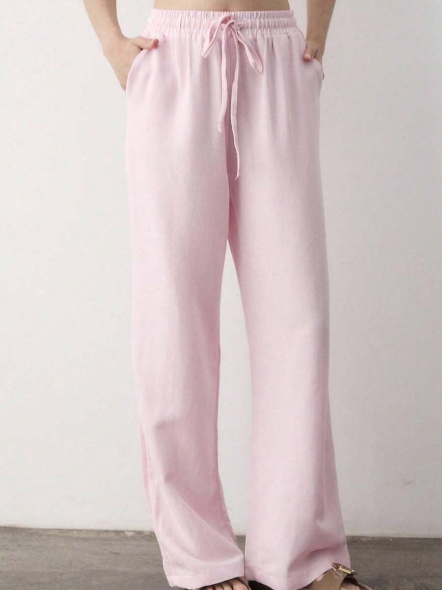 Women Linen Blend High Waist Drawstring Wide Leg Pants Casual Summer Loose Fit Trousers - Pink - View 1