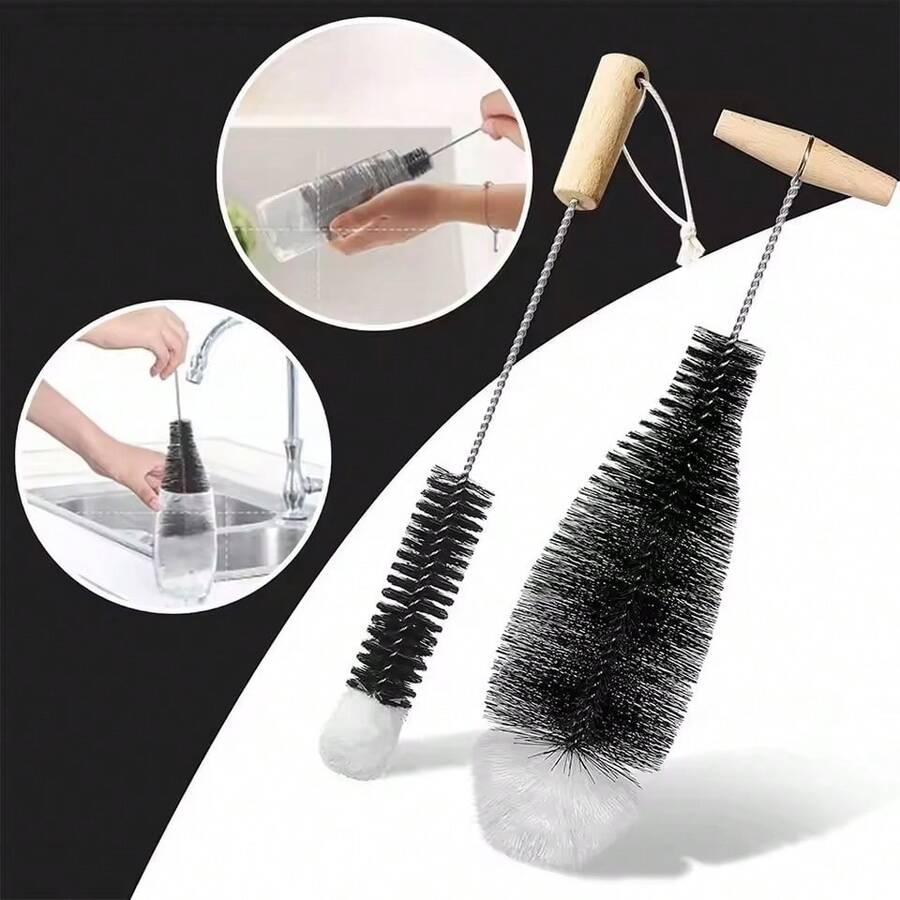 2pcs Beechwood Handle Soda Bottle Brush, Glass Container Cleaning Tool, Kitchen Cleaning Brush - Includes 1 Large & 1 Small - With Handle - View 1